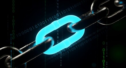 Blockchain technology concept with glowing chain link and binary code