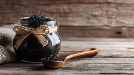 A glass jar filled with black caviar rests on a rustic wooden surface, accompanied by a wooden spoon.