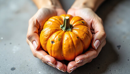 Woman holding small orange pumpkin in hands on gray background  