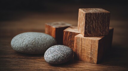 Stacked wooden blocks and smooth grey stones create a peaceful still life composition on a wooden surface.