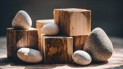 Wooden blocks, a collection of smooth stones, and natural light create a serene and minimalist composition.