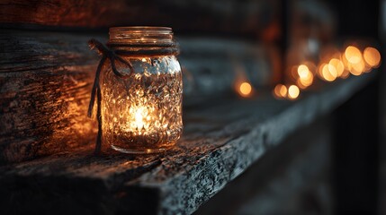 A warm, inviting mason jar candle holder with warm hues, nestled on a weathered wooden surface, creating a serene and cozy ambiance.