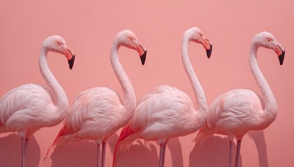 Naklejka premium Four pink flamingos against a pink background