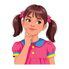 Curious Girl: A young girl ponders, a twinkle in her eye, her gaze distant as she contemplates. She appears in a sweet, animated style, her imagination as vivid as the colours that adorn her.