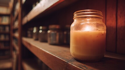 A light-filled glass jar, filled with a warm, amber liquid, rests on a wooden shelf amidst a dimly lit, organized collection of jars.