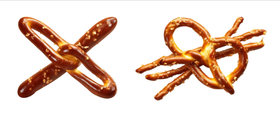 Two long pretzels one in the shape of an X and another with loose strands on white background high resolution photography insanely detailed isolated plain ba
