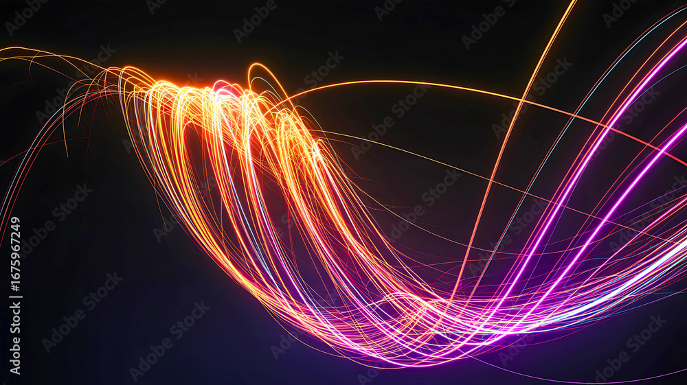 Poster dynamic abstract light trails illuminate a dark background, depicting high-speed data flow and techn