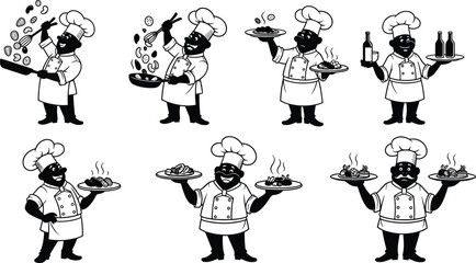 Naklejka premium Black and white chef illustrations, cooking, flipping food, serving dishes, holding wine, smiling, kitchen activity, culinary art, restaurant, vector cartoon