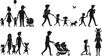 Black and white family silhouettes, parents with children, stroller, walking dog, holding balloons, outdoor activities, bonding, parenting, childhood, vector illustration