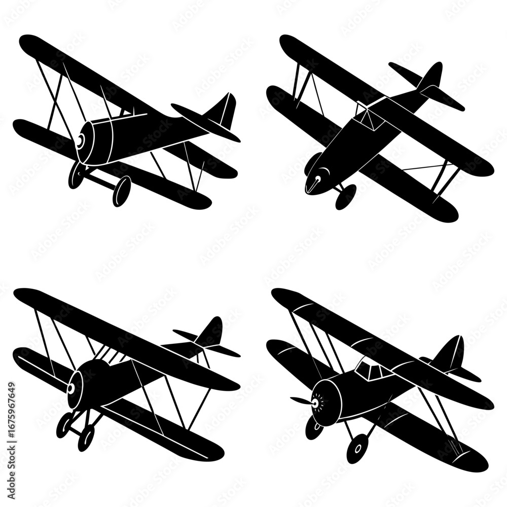 Poster four vintage biplanes in silhouette arranged on a white background in a repeating pattern design sty