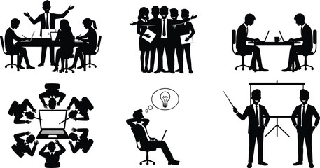 Business meeting silhouettes, teamwork collaboration, office discussion, brainstorming, presentation, idea generation, corporate training, workplace communication