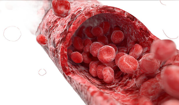 3D illustration of a red vessel with clots inside on a white background closeup hyperrealistic and superdetailed