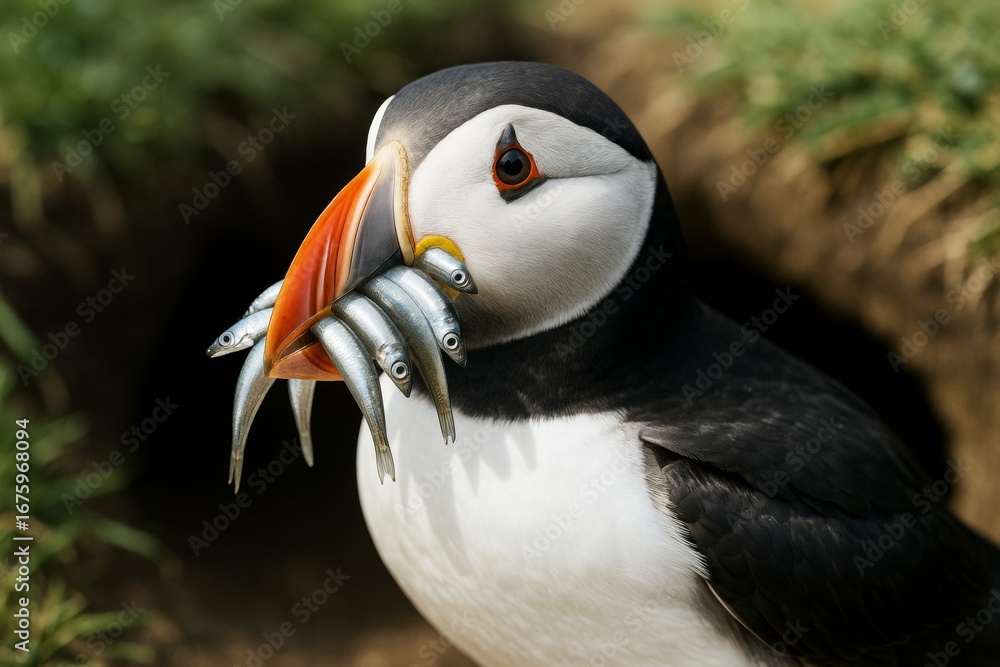 Poster close-up of puffin holding small fish in beak with natural background and detailed feather texture i