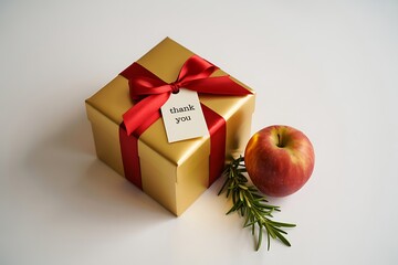 Elegant gold gift box with red ribbon and 'thank you' tag, accompanied by a fresh apple and rosemary sprig, perfect for appreciation.