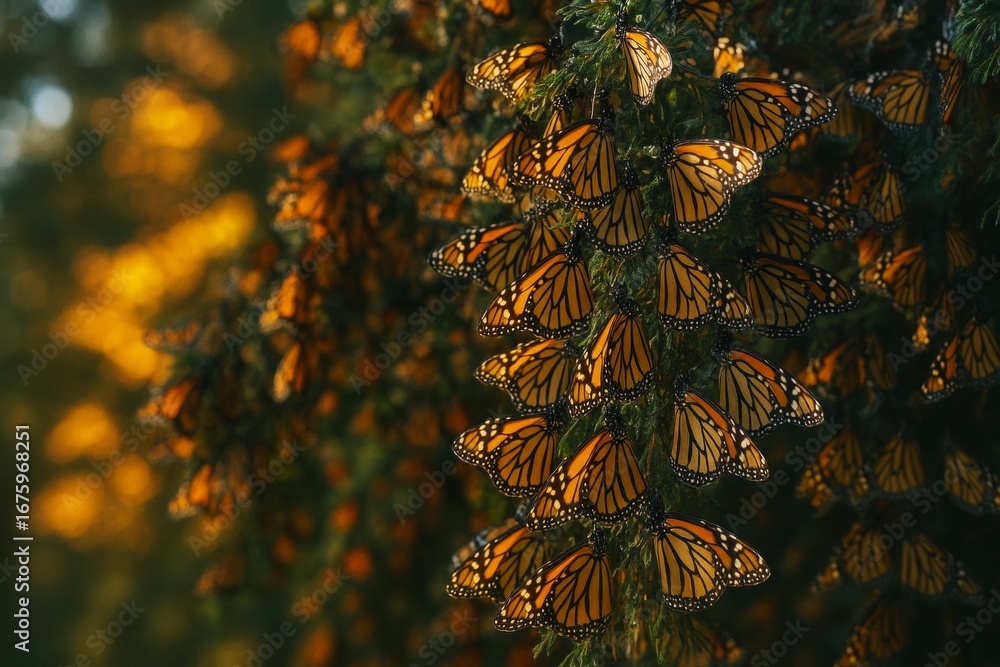 Aufkleber cluster of monarch butterflies resting on tree branches with golden sunlight filtering through fores