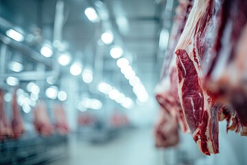 Fresh meat hanging in a processing plant