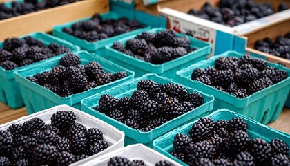 Fresh blackberries in small, light-colored containers at a market
