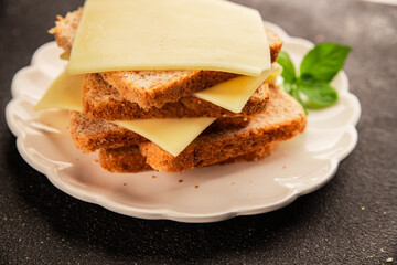 Sandwich cheese tasty snack fresh delicious gourmet food background on the table rustic top view copy space