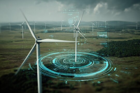 Aerial view of wind turbines with digital overlay