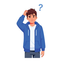 A Puzzled Thought: A young man grapples with uncertainty, symbolized by the question mark. He scratches his head, as if in deep contemplation.