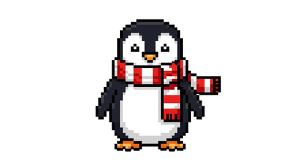 Adorable Pixelated Penguin in a Red and White Scarf A Festive Illustration for Winter
