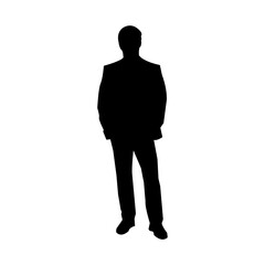 Simple silhouette of a man in business casual attire, standing confidently with hands in pockets.