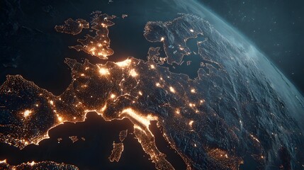 European cities illuminated, a spectacular view of urban lights across the continent from space.