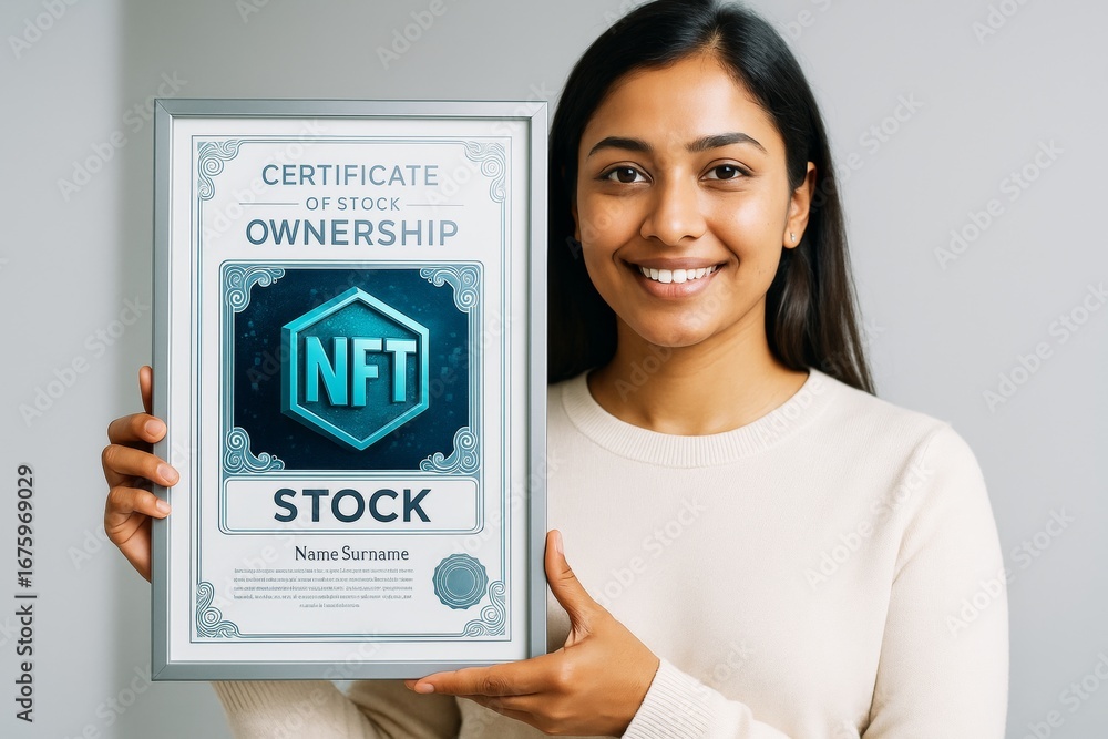 Poster smiling woman holding nft stock ownership certificate in modern frame, symbolizing digital asset inv