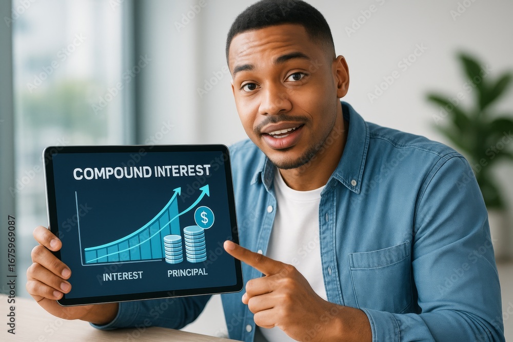 Aufkleber man explaining compound interest with digital tablet showing financial growth chart, sitting indoors
