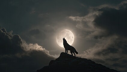 Silhouette of a howling wolf on a moonlit mountaintop