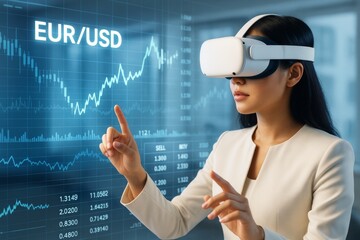 Woman using VR headset analyzing EUR/USD forex data on digital screen in futuristic financial environment with glowing blue background light. Ai generative