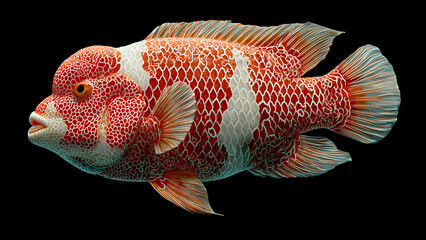 Fototapeta premium Red and White Ornamental Fish Isolated on Black Background