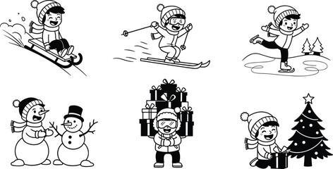 Winter holiday children activities, sledding, skiing, ice skating, snowman building, gift giving, Christmas celebration, outdoor fun, seasonal recreation, festive spirit