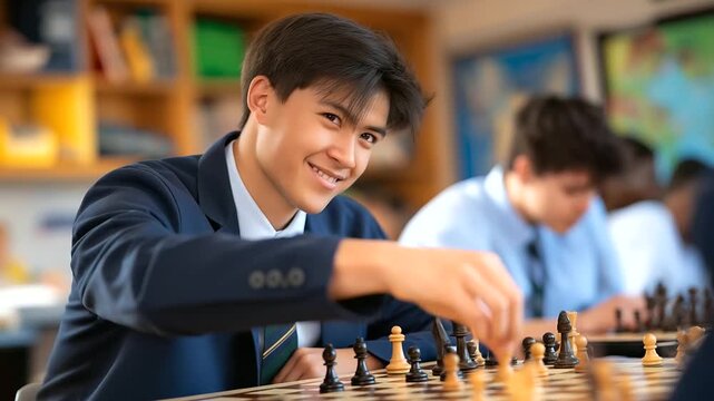 A freshman joins a chess club in a classroom with boards set pieces moving a timer buzzing and players strategizing quietly rendered in a thoughtful photo with piece shapes