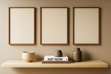 Minimalist interior with three blank wooden frames on beige wall above shelf with pottery and books in neutral modern decor style.