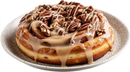 Close up of a pecan sticky bun with caramel drizzle on a speckled plate against white background