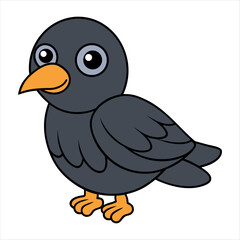 Cute cartoon baby crow with big eyes and orange beak standing on white background