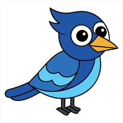Cute cartoon blue jay bird with big eyes and orange beak isolated on white background