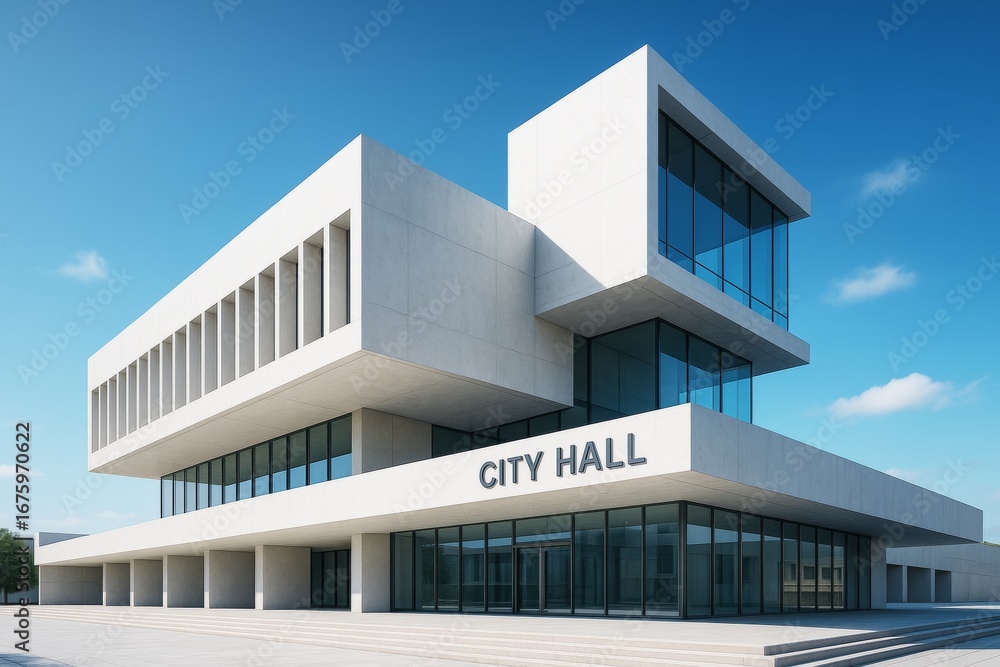 Poster modern city hall building with minimalist architecture and large glass windows under clear sky in da