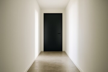 Obraz premium Minimalist hallway with soft natural light and a closed dark door at the end conveying abstract architectural ambiance and mystery. Ai generative