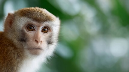 Fototapeta premium A close-up of a curious monkey with bright eyes gazing into the distance. The image captures its playful spirit and natural habitat. A vibrant wildlife photograph showcasing animal behavior. AI