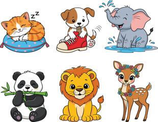 Cartoon animals, cat, dog, elephant, panda, lion, deer, cute pets, jungle friends, kids, playful illustration, cozy characters