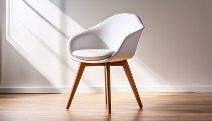 a modern white chair with wooden legs