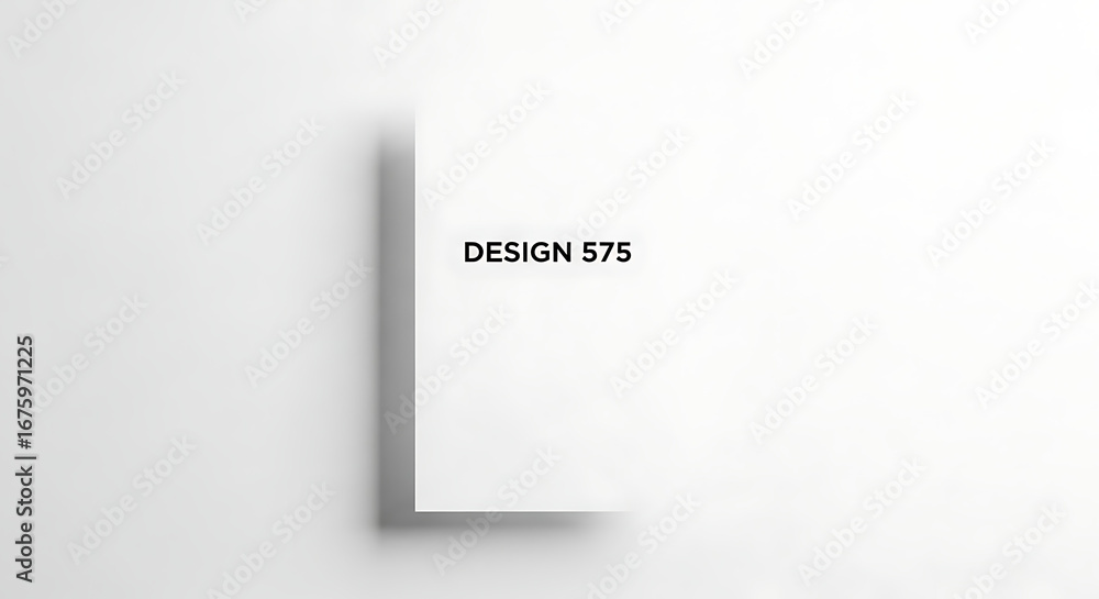 Poster minimalist white paper with 'design 575' text and soft shadow on light background
