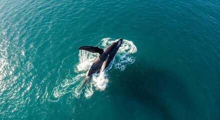 Naklejka premium Humpback Whale Breaching in Turquoise Ocean Waters