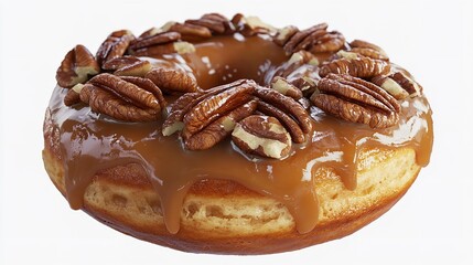 A single donut with a caramel glaze and pecans on top isolated on a white background in a studio shot