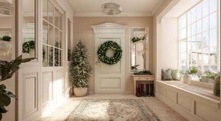 Fototapeta premium Elegant, light-filled hallway with Christmas decor