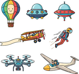 Cartoon flying object set, hot air balloon, UFO, biplane, jetpack, drone, glider, cute, colorful, vector, aerial, transport, flight, cartoon, stock, playful, 