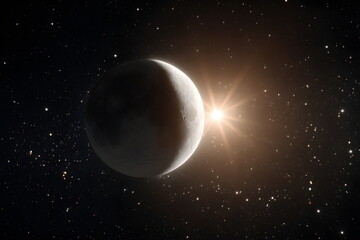 
Moon and sun split in the sky during equinox, celestial balance, stars twinkling in the background
