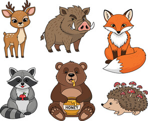 Cartoon forest animals, deer, fox, bear, raccoon, boar, hedgehog, mushrooms, nature theme, kids, woodland illustration, cute characters